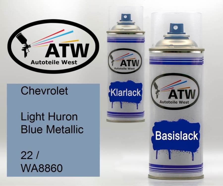 Chevrolet, Light Huron Blue Metallic, 22 / WA8860: 400ml Sprühdose + 400ml Klarlack - Set, von ATW Autoteile West.